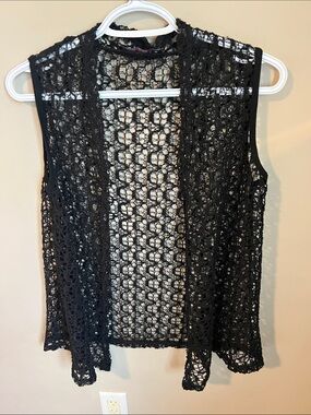 KENING Black Crochet Lace Vest Layering Piece Cottage Core Open Knit Size Small